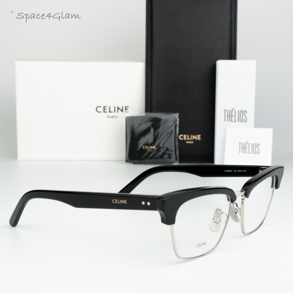 NEW Celine CL50026U 016 Shiny Palladium Black Demo Unisex Square Eyeglasses
